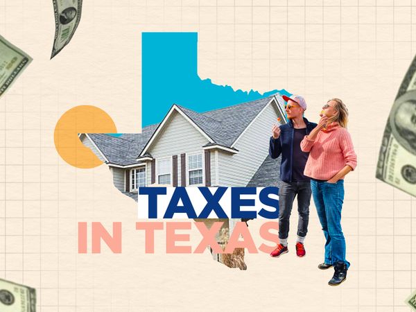 A couple contemplating about property taxes in Texas while looking at a house